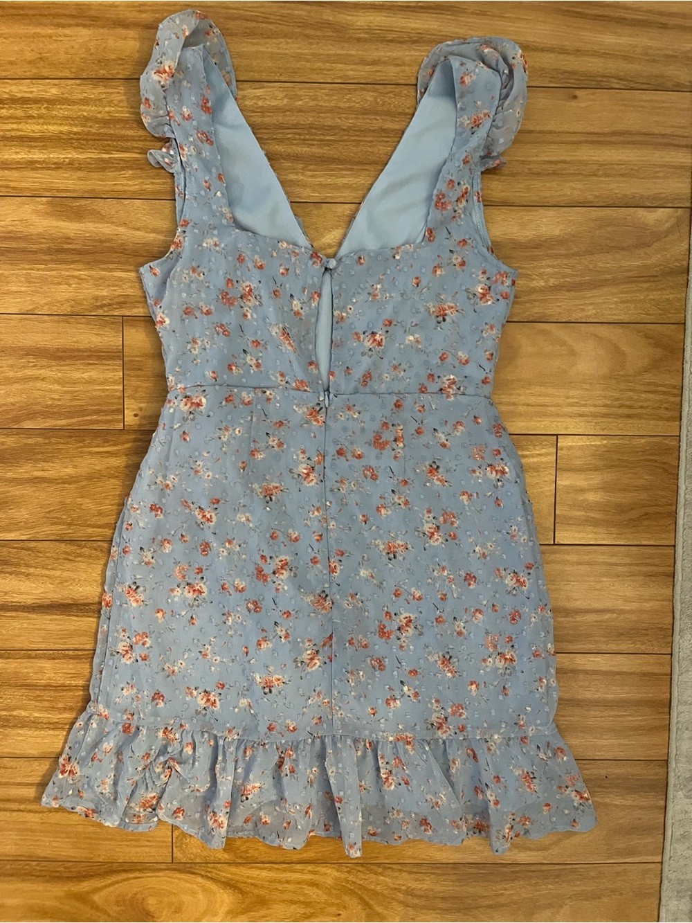 Anthropologie Dee Elly Blue Floral Ruffle Mini Dress - Sleeveless Wrap Style - Picture 3 of 3